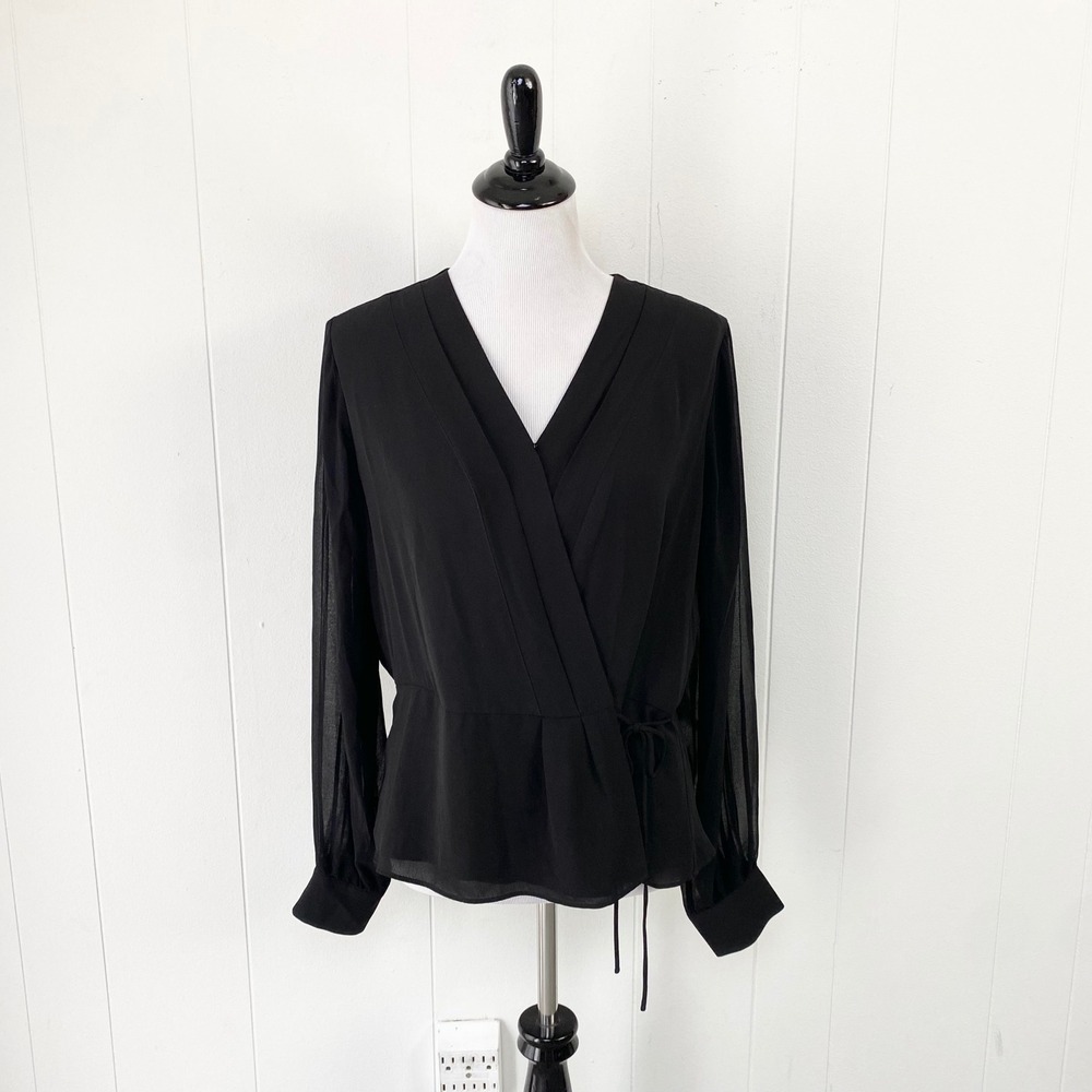 White House Black Market Black Pleated Back Surplice Blouse Large
